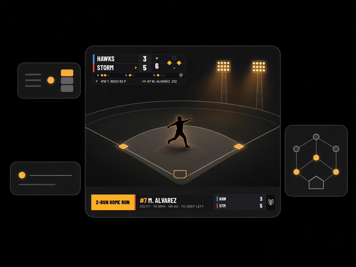 Night field broadcast frame with a Hawks vs Storm score bug and a 2-run home run lower third, surrounded by overlay setting cards.