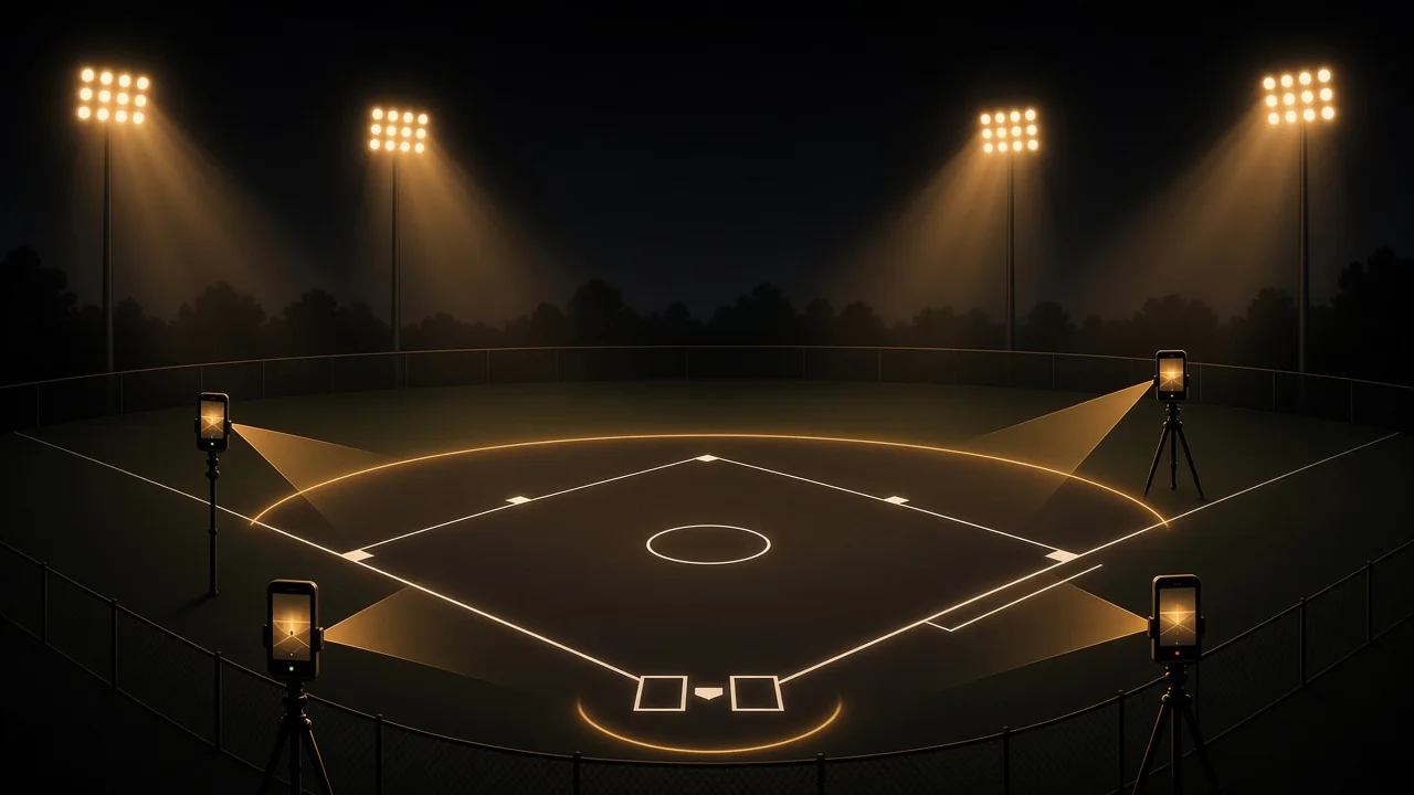 Night softball field under floodlights with phones on tripods around the diamond and a TV-style score bug and home run lower third on the right.